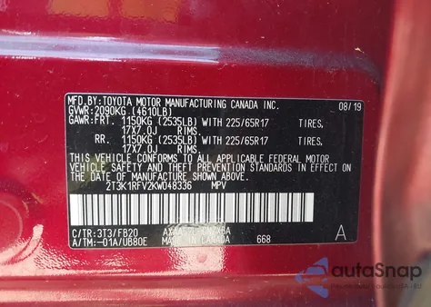 2019 Toyota Rav4 Le from USA, damaged, VIN 2T3K1RFV2KW048336